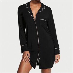 VS Heavenly Soft Modal Long Sleeve Buttoned Sleep Shirt Nightgown, Black, Large